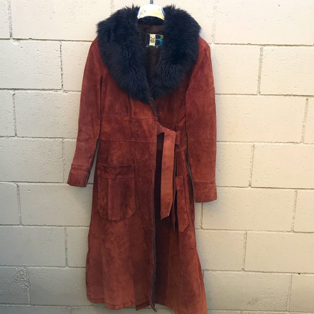 Rust color vintage maxi suede coat fully lined with faux fur, heavy weight